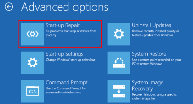 Choose Start-up Repair in the Advanced options menu.
