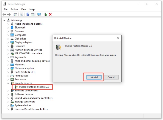 choose to uninstall tpm via device manager
