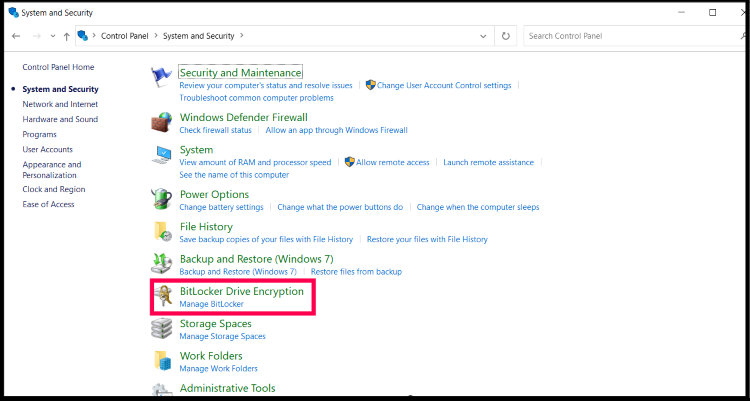 Bitlocker-Laufwerksverschlüsselung anklicken