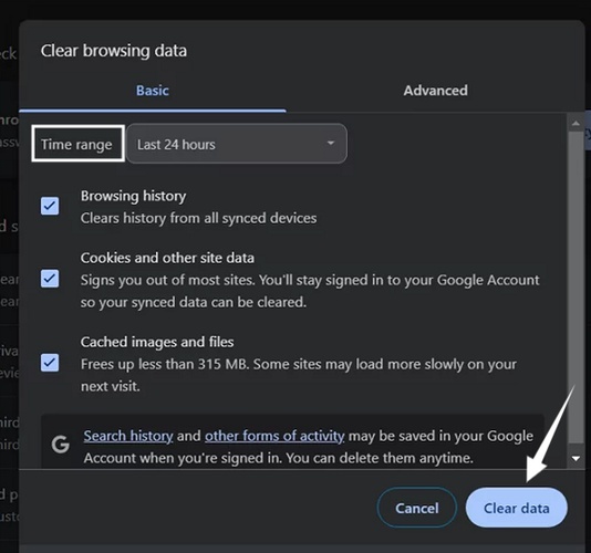 click clear data button
