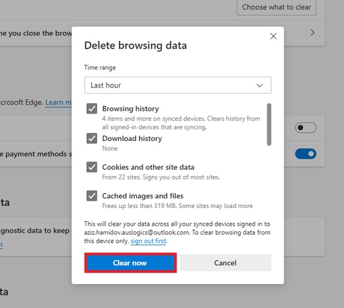 click clear now to delete browsing data