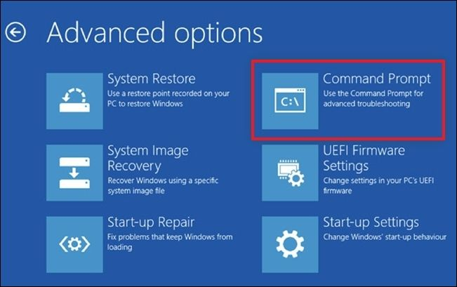 Klicken Sie in den erweiterten Optionen auf „Eingabeaufforderung“.