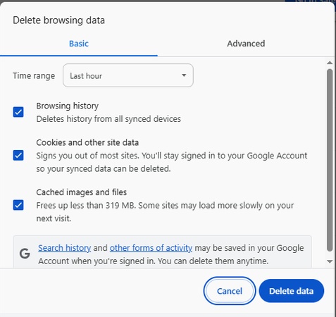 click delete data