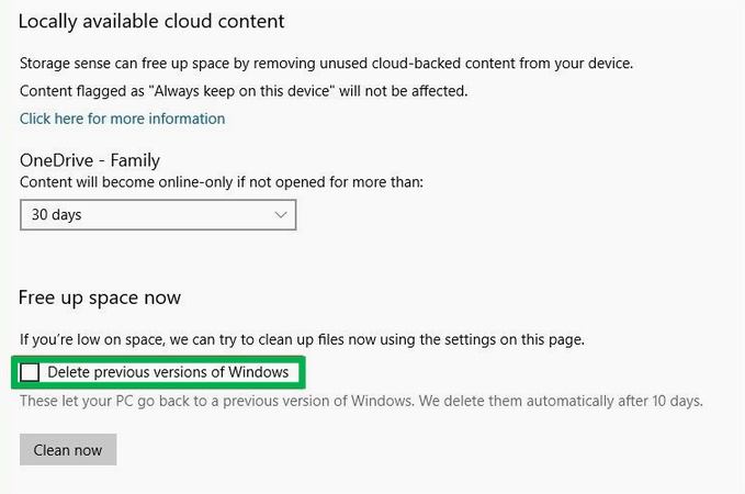 click delete previous versions of windows