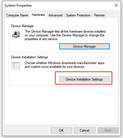 click device installation settings