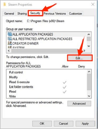 click edit button in security