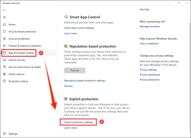 exploit-schutz-einstellungen klicken