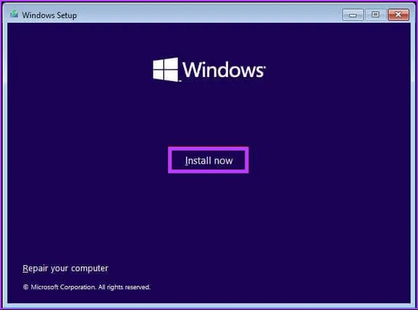 click install now to clean install windows