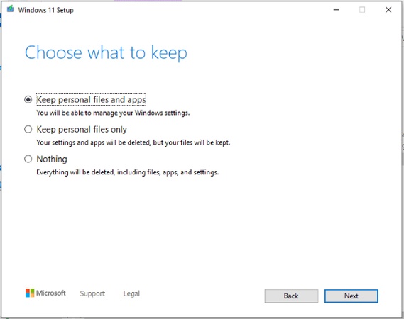 click keep personal files and apps