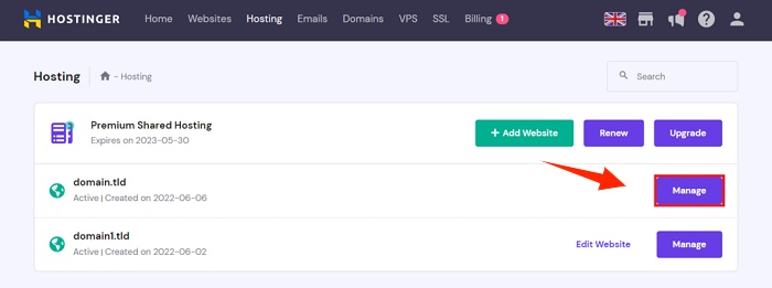 click manage in hosting