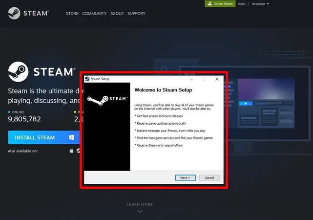 click next to install steam