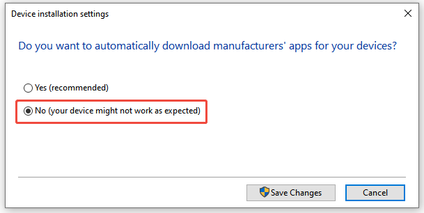 click no on device installation settings