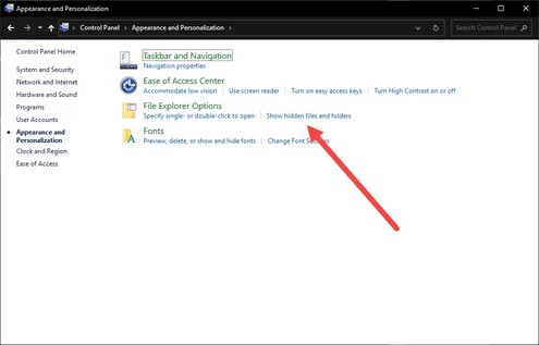 click on show hidden files and folders