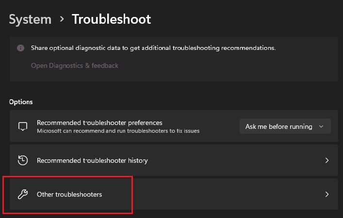 click other troubleshooters for windows update