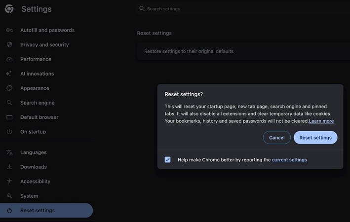 click reset settings