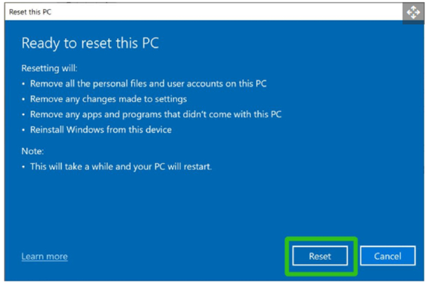Approve the settings and click reset to learn how to factory rest Windows 11