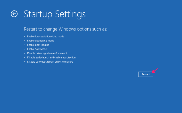click restart under startup settings