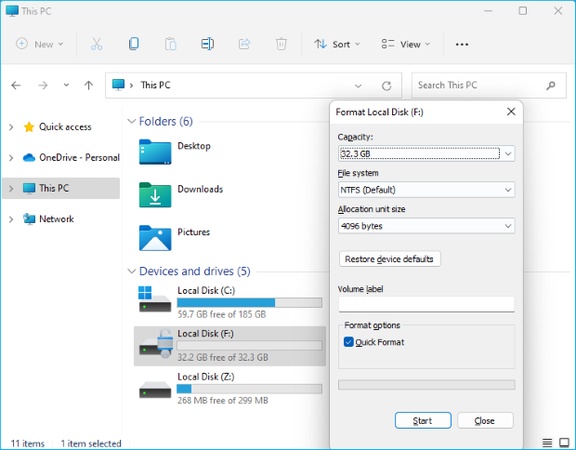 click start to format the disk