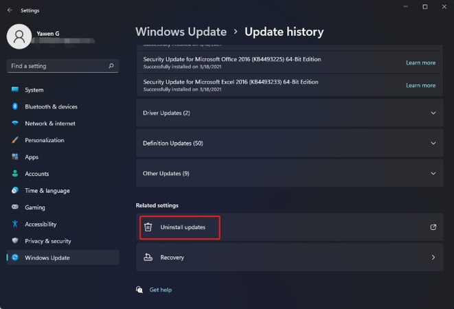 click the uninstall updates from settings