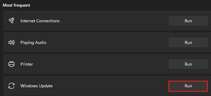 click to run the troubleshooter on windows update