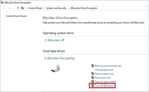 click to turn off the bitlocker