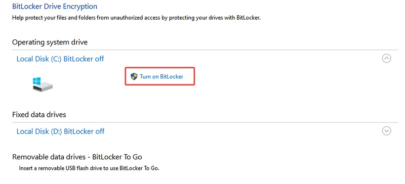 click turn on bitlocker to enable it