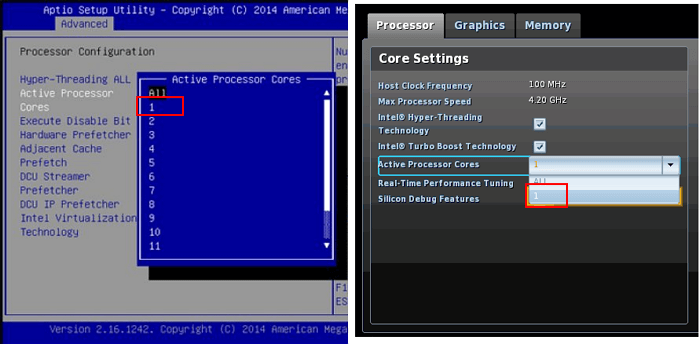 configure bios active cores setting