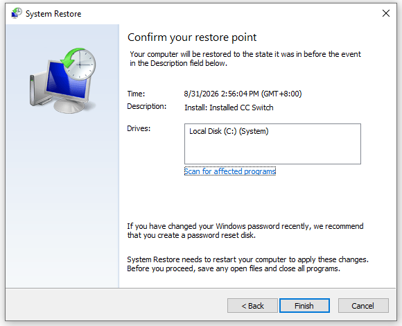 Systemwiederherstellung in Windows bestätigen