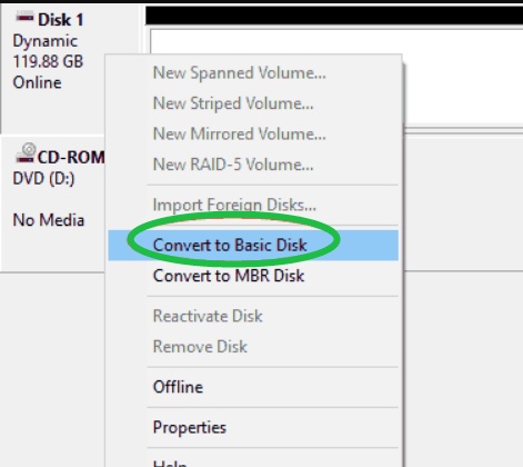 convert dynamic disk to basic