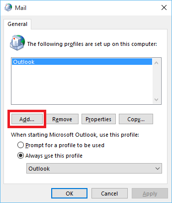 create a new outlook profile