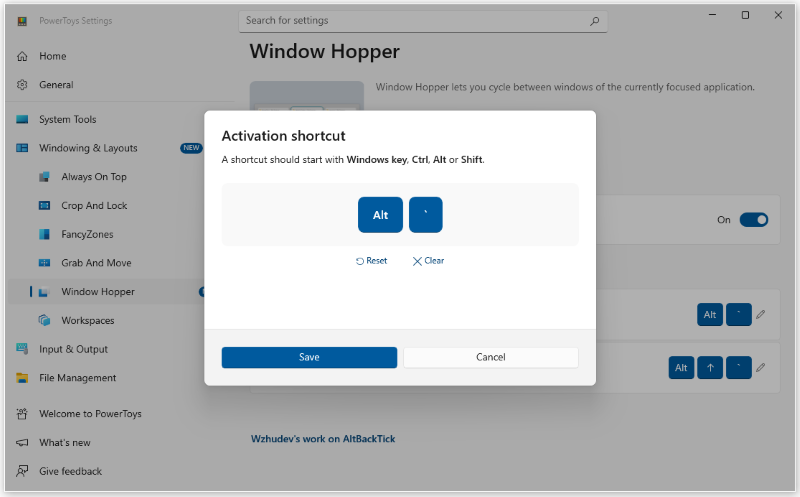 customize the window hopper shortcut