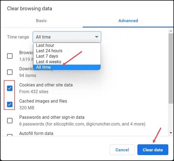 쿠키 및 기타 사이트 데이터 캐시 삭제