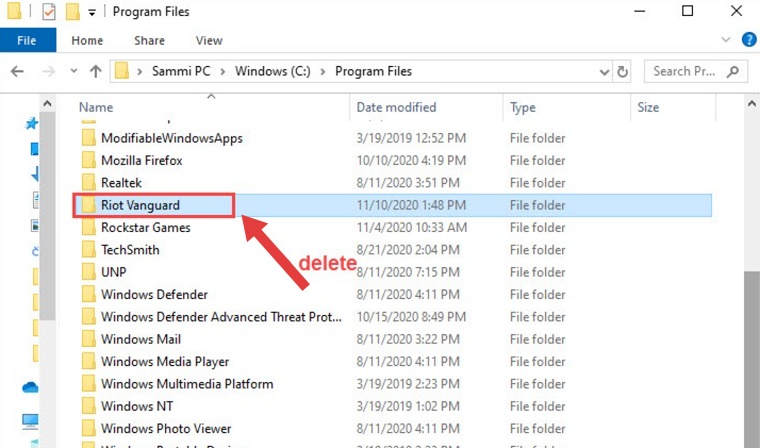 delete riot vanguard file