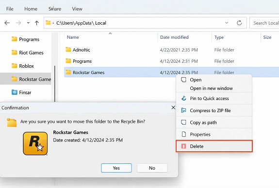 delete rockstar games launcher folder