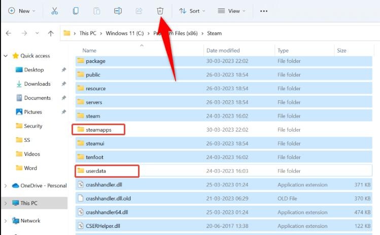 Steam-Dateien außer steamapps, userdata und steam.exe löschen
