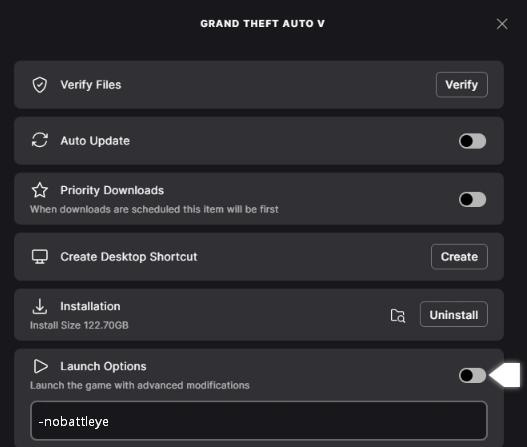 disable battleye on epic games launcher