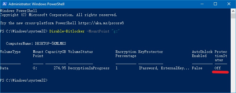 disable bitlocker using windows powershel