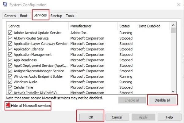 desative os serviços da microsoft