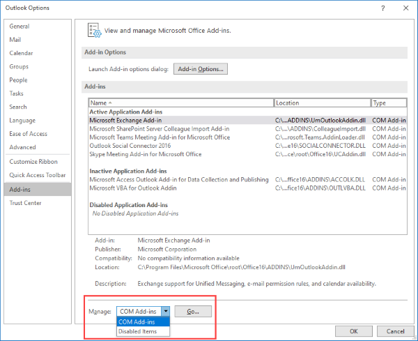 disable outlook adds in