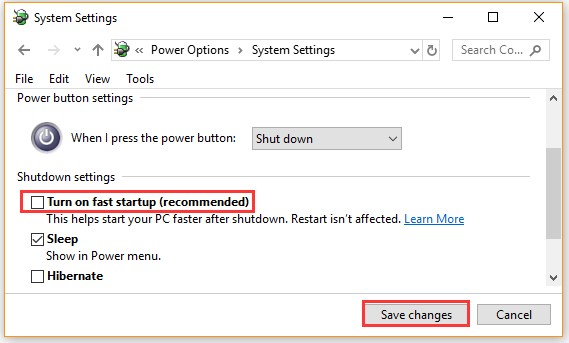 전원 옵션에서 빠른 시작 기능 비활성화하기