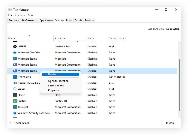 윈도우 gpu 메모리 노수 해결 - 일부 시작 프로그램 비활성화