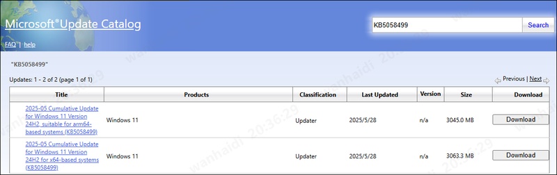 descargar kb5058499 del catálogo de Microsoft Update