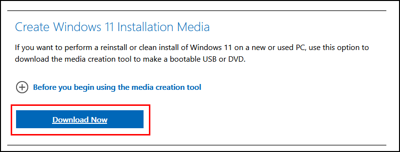 download now under create windows 11 installation media