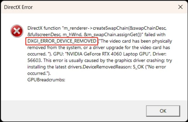 Fehlermeldung DXGI_ERROR_DEVICE_REMOVED unter Windows