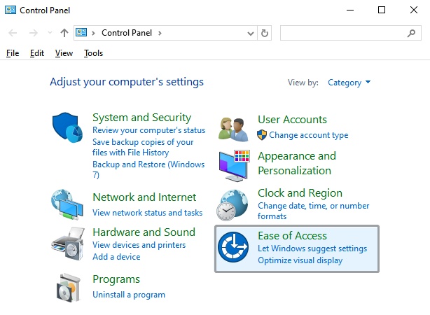 ease of access in control panel