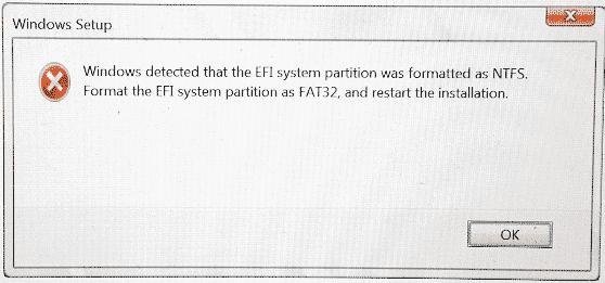 efi waf formatted as ntfs error