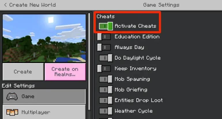 enable cheats in existing world of bedrok edition