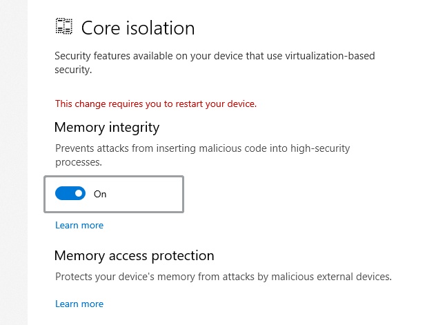 enable memory integrity
