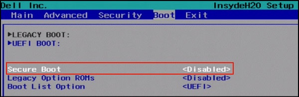 enable or disable secure boot option