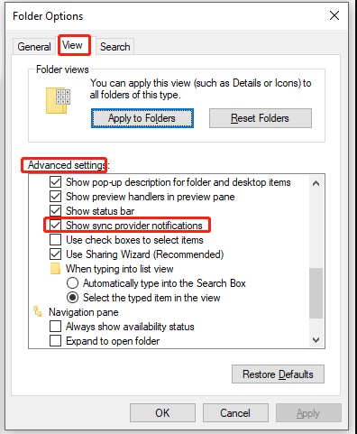 enable show sync provider notifications
